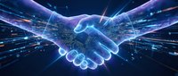 Digital handshake with glowing circuit patterns and data streams representing business partnership, technology collaboration and futuristic connectivity.