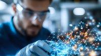 Male scientist in protective eyewear conducting advanced research with glowing particle effects and digital connections in modern laboratory setting for technology concepts.