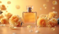 Elegant perfume bottle with delicate peach roses on soft coral background, glowing bokeh effect creates luxurious atmosphere for beauty and fragrance marketing.