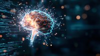 Glowing human brain with digital neural connections and energy particles on dark background, representing artificial intelligence and cognitive science.