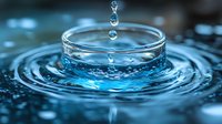 Water drops falling into clear liquid creating concentric ripples and crown splash effect with blue tones, captured in macro photography on dark background.