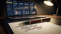 Startup strategy document with fountain pen on desk, laptop showing business analytics dashboard in background, warm office lighting.