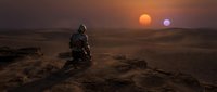 Astronaut explorer sits on rocky alien planet surface under dramatic binary sunset with orange and purple suns in desert landscape for space exploration concepts.