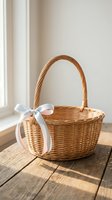 Empty wicker basket with white ribbon bow on wooden table near window, natural light, rustic home decor, gift presentation, Easter holiday preparation.