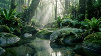 Mystical tropical rainforest with sunbeams filtering through dense canopy, creating ethereal atmosphere above tranquil stream surrounded by lush ferns and moss-covered rocks.