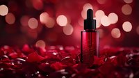 Red glass dropper bottle with essential oil or serum on rose petals background with romantic bokeh lights creating luxurious cosmetic product composition.