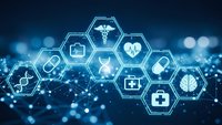 Medical healthcare technology concept with glowing hexagonal icons on blue digital background for modern clinic presentations and telemedicine designs.