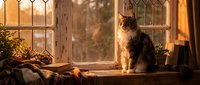 Fluffy long-haired cat sitting on a sunlit windowsill, gazing outside through vintage leaded glass window in warm golden light.