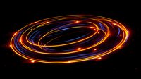 Glowing orange and blue light trails form dynamic spiral rings against black background, creating luminous energy effect with bright particles and streaks.