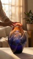 Woman's hand touching an artisan blown glass vase with swirling amber and blue tones on a table in warm sunlit living room interior.