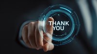 Businessman finger touching futuristic holographic thank you message on digital interface, concept of customer appreciation in modern business environment.