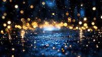 Magical night scene with golden bokeh lights floating over shimmering blue water surface, creating dreamy atmosphere with glowing particles and reflections.
