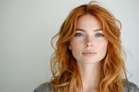 Young woman with natural red wavy hair and light blue eyes wearing gray sweater against light background, gentle smile and fresh makeup look for beauty and fashion content.