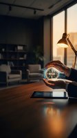 Businessman hands protecting glowing risk management compass symbol above tablet in modern office workspace for strategic business planning and decision making.