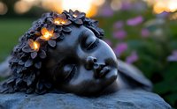 Serene garden sculpture with floral crown illuminated at dusk, featuring peaceful facial expression and artistic details against blurred natural background.