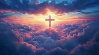 Glowing cross silhouette above dramatic sunset clouds in pink and blue sky, rays of light breaking through cloudscape creating spiritual atmosphere.
