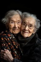 Senior Caucasian women with silver hair smiling warmly at camera, one wearing floral pattern dress, other in black turtleneck sweater against dark background. Portrait shows joy of aging.