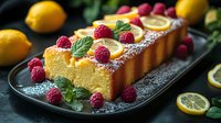 Golden lemon pound cake topped with fresh raspberries and mint leaves on dark slate plate, dusted with powdered sugar for dessert presentation.