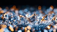 Sparkling diamonds scattered on glittering surface with blue and golden bokeh lights creating luxury jewelry background. Perfect for fashion and glamour designs.