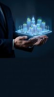 Businessman holding holographic smart city with glowing neon buildings and wind turbines, representing sustainable urban development and future technology innovation.
