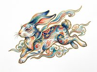 Decorative rabbit with ornate swirling patterns in blue, coral, and gold tones, isolated on transparent background. Ready for t-shirts, stickers, clipart, sublimation, and print-on-demand designs.