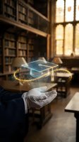 Hand holding glowing graduation cap with golden particles in historic library setting representing academic achievement and educational success.