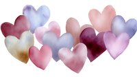 Watercolor hearts in soft pink, purple and burgundy shades arranged in romantic composition on white background, isolated design element for Valentine's day cards and decor.