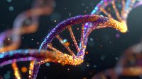 Colorful DNA double helix structure with glowing particles and bokeh effects on dark background for genetics research and biotechnology concepts.