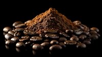 Ground coffee powder heap surrounded by roasted coffee beans on dark background, dramatic lighting creates rich contrast and texture for gourmet food photography.