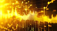 Financial data visualization with glowing golden charts and graphs showing market analysis against dark background, dynamic stock trading concept for business growth.