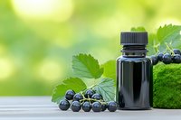 Fresh blackcurrant berries with green leaves and essential oil bottle on wooden surface against blurred natural background, wellness and aromatherapy concept.