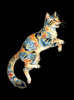 Watercolor jumping cat with ornate floral and swirl patterns in blue, red, and gold. Isolated on transparent background, ready for stickers, t-shirt design, and print on demand.