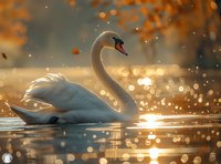 Elegant white swan swimming in golden autumn lake water with bokeh light reflections and falling leaves at sunset.