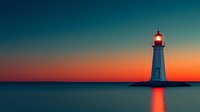 Lighthouse silhouette against dramatic orange and teal sunset sky, glowing beacon reflecting on calm water surface at dusk. Minimalist seascape composition.