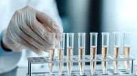 Laboratory scientist in protective gloves holding test tube rack with multiple samples for medical research and diagnostic testing in clinical setting.