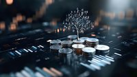 Digital money tree growing from coins on financial market chart background, symbolizing investment growth and wealth management in cryptocurrency market.