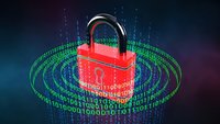 Red padlock surrounded by glowing green binary code rings on dark background representing cybersecurity data protection and digital encryption technology.