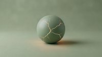 Cracked sphere with golden light fractures on muted green surface, symbolizing fragility, damage, and broken concepts for design projects.