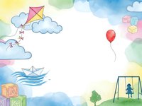 Watercolor children playground frame with kite, balloon, paper boat, blocks and swing creating colorful border for kids content and educational materials.