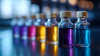 Small glass bottles with colorful liquid chemicals in laboratory setting, blue and purple solutions in transparent vials on reflective surface with bokeh background.