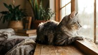Tabby cat relaxing on wooden windowsill in cozy home interior with houseplants and warm natural sunlight streaming through window.