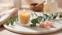 Spa wellness setup with burning candle, eucalyptus leaves and pink salt crystals on wooden tray for relaxation and aromatherapy treatments.