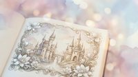 Vintage fairytale castle illustration in ornate frame with floral decorations on dreamy bokeh background for storytelling and fantasy design projects.