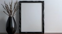 Black wooden frame mockup with dark vase and dry branches on gray wall background. Minimalist home decor styling for artwork presentation.