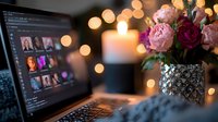 Romantic workspace with laptop showing photo gallery, glowing candle, and pink peonies in decorative vase against blurred bokeh lights creating cozy atmosphere.