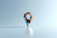 Minimalist location pin marker in orange and blue on light background with soft shadow and reflection, modern navigation symbol for maps and apps.