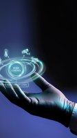 Smart home automation control system with holographic interface displaying energy management icons above human hand on dark blue background.