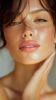 Close-up portrait of young woman with natural freckles, glowing skin, and coral lipstick showing fresh summer beauty makeup look against light background.