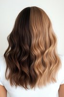 Back view of wavy brown to blonde ombre hair showing modern balayage technique and professional salon coloring result on medium length hairstyle.