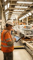 Industrial worker using tablet computer in modern automotive manufacturing plant with assembly line and car production facility.